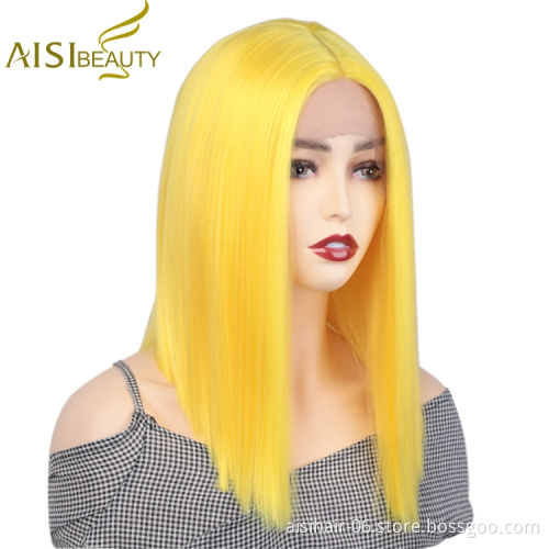 Aisi Beauty Hot Selling Supplier Shoulder Length Silky Straight Middle Part Yellow Synthetic Hair For Black Women Lace Front Wig